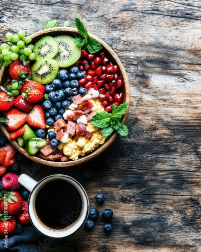 Fresh and Colorful Fruit Bowl with Coffee on Rustic Wood Table