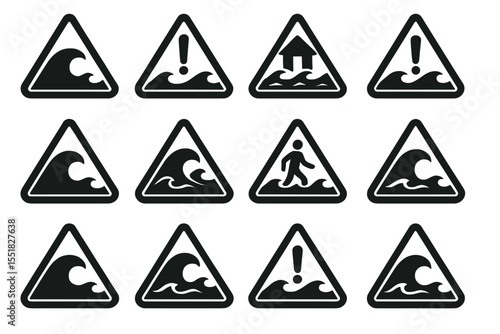Set of tsunami warning signs with hazardous ocean waves and safety alerts