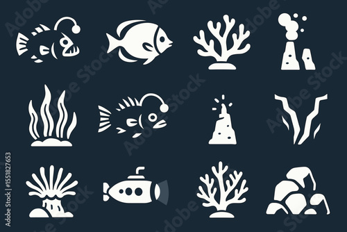 Aquatic icons collection: fish, coral, submarine, and vents on dark background