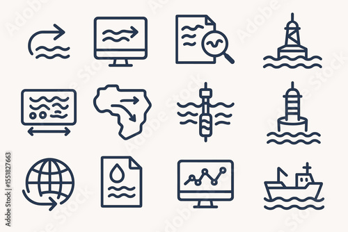 Maritime and oceanographic symbols showcasing navigation and data analysis icons