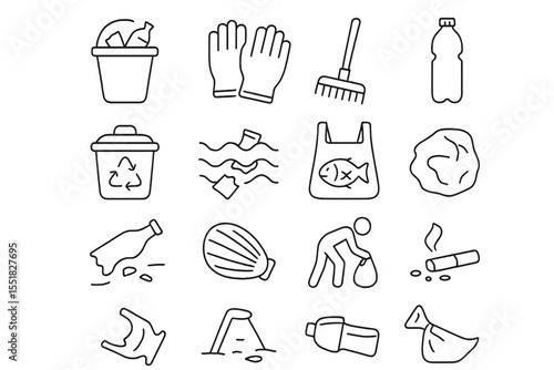 Waste management icons: recycling, trash, and environmental tools