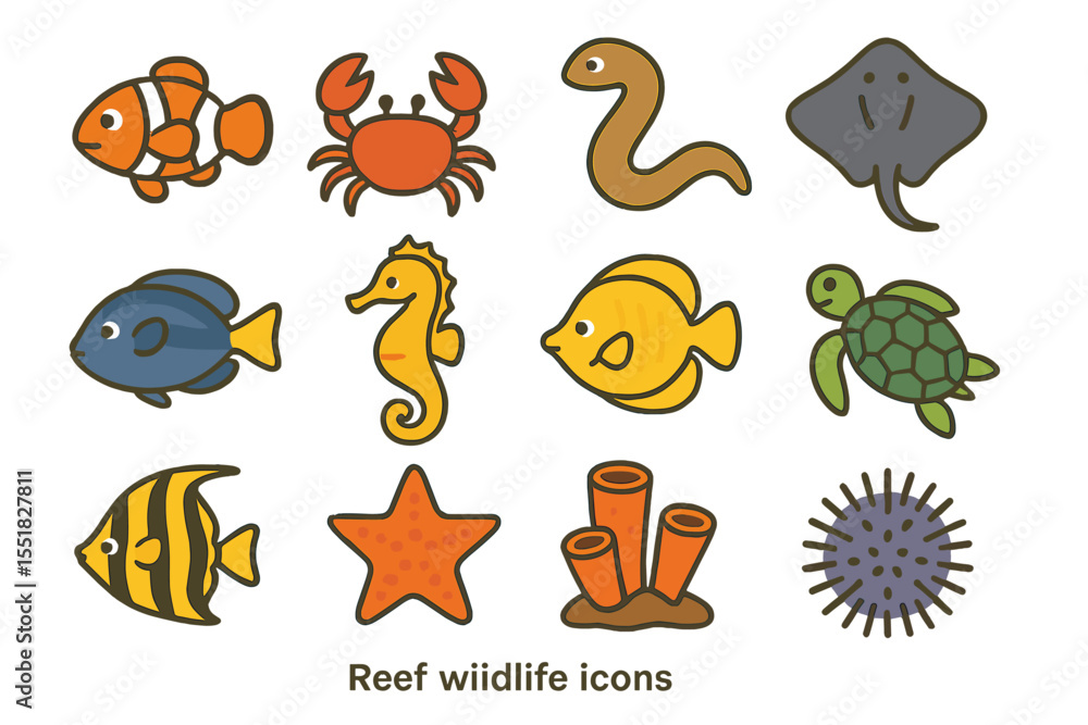Obraz premium Colorful icons of diverse reef wildlife including fish, crab, turtle, seahorse, and starfish