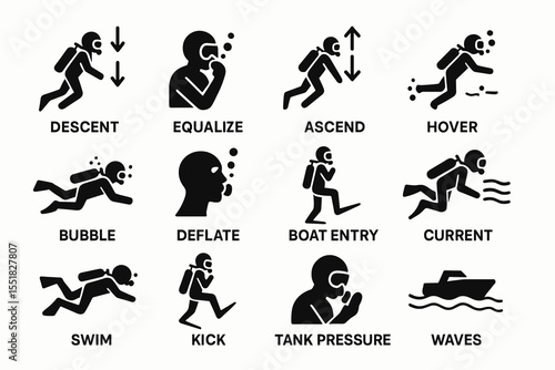 Scuba diving icons: descent, equalize, ascend, hover, bubble, deflate, swim, kick, tank pressure
