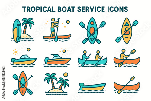 Tropical boat service icons set featuring kayaks, canoes, paddleboards