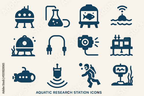 Aquatic research station icons collection featuring submarine and diving suit