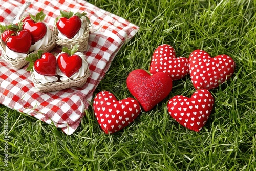 Heart-Shaped Decorations with Fresh Strawberries on Green Grass