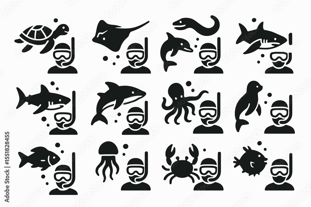 Fototapeta premium Black icons of marine animals and snorkelers diverse sea life illustrations