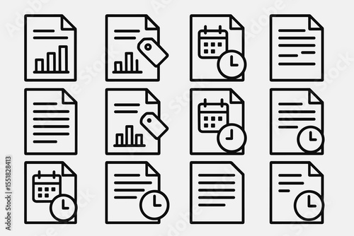 Icon set of documents featuring graphs, calendars, and clocks in linear style