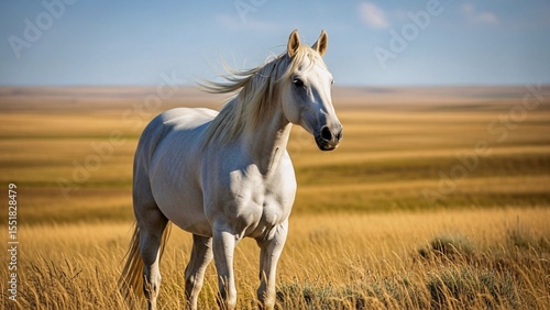 Wallpaper Mural White horse with a flowing mane standing gracefully in a golden field, basking in the warmth of a sunny day under a clear blue sky, while a gentle breeze playfully ruffles its hair Torontodigital.ca