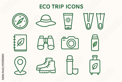 Eco trip icon set: compass, hat, sunscreen, flippers, notebook, binoculars, camera, thermos, boots, luggage