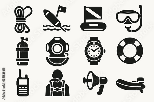 Icon set featuring scuba gear, diving equipment, and lifebuoy