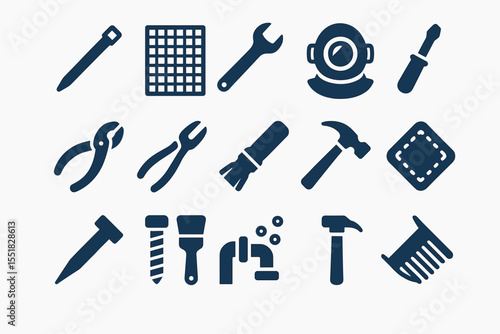 Set of various tools icons including wrenches, hammer, and drill bits
