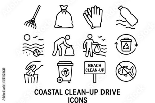 Coastal clean-up drive icons: recycling, beach, waste, effort, environment