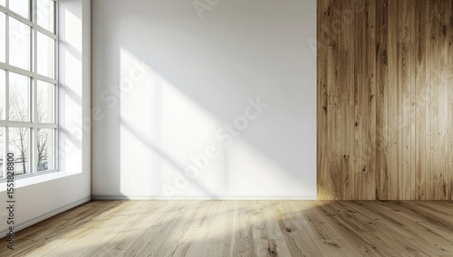 Sunlit empty room with large grid window, wooden flooring, and vertical wood accent wall, ideal for mockups, real estate staging, or modern interior design projects