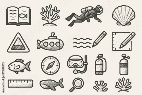 Diving adventure icons: submarine, diver, coral, fish, shells, compass