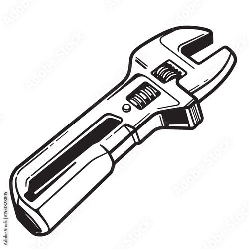 Black and white illustration of adjustable wrench tool commonly used for mechanics and repair