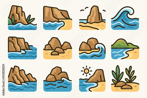 Scenic cartoon beach landscapes with waves and cliffs