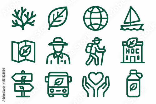 Eco-friendly travel icons: nature, adventure, and sustainability symbols