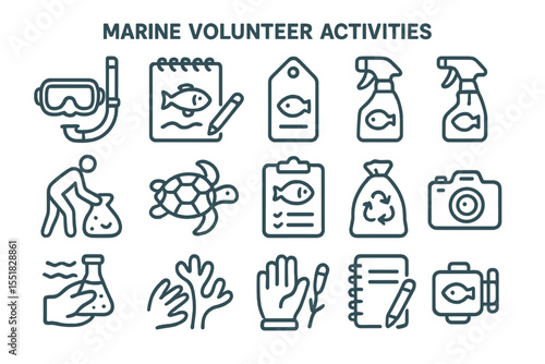 Icons depicting diverse marine volunteer acts including conservation and research