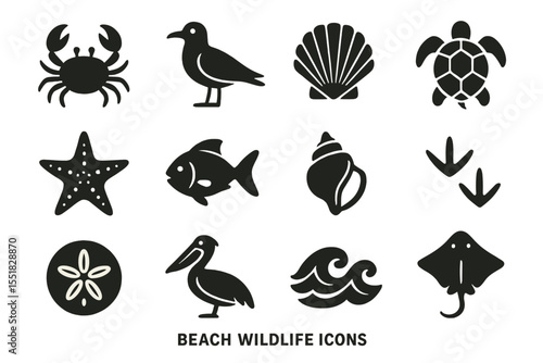 Beach wildlife icon set featuring sea animals and birds silhouettes