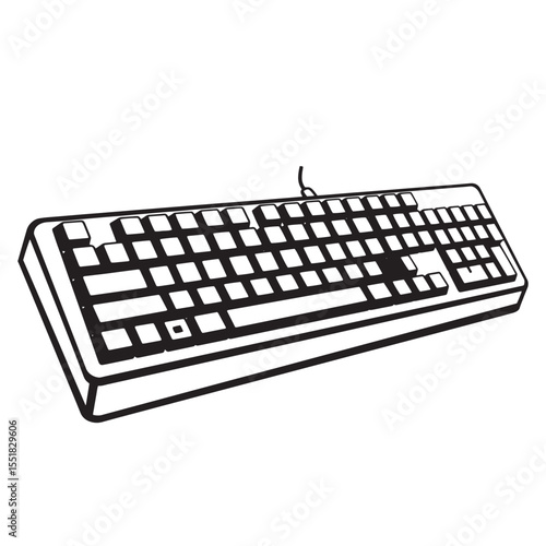 Black and white vector illustration of a classic wired computer keyboard isolated on white