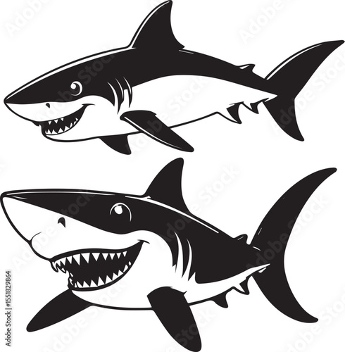 Two cartoon sharks in black and white vector style. Both sharks have exaggerated features with big smiles and sharp teeth, giving them a playful and slightly mischievous look