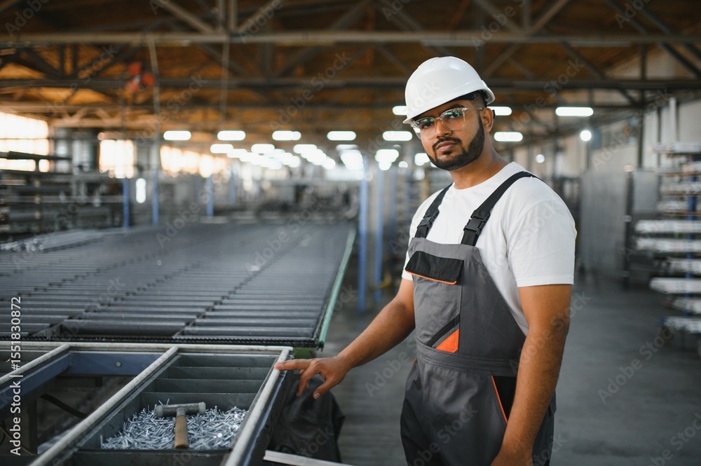 Operator of machine. Industrial worker indoors in factory. Young technician in white hard hat Operator of machine. Industrial worker indoors in factory. Young technician in white hard hat