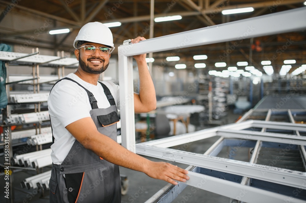 Young Indian male engineer wearing safety workwear standing in the factory Young Indian male engineer wearing safety workwear standing in the factory