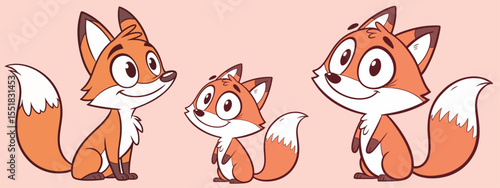 Cute cartoon fox set. Cartoon animal character design. Flat vector illustration isolated on a white background.