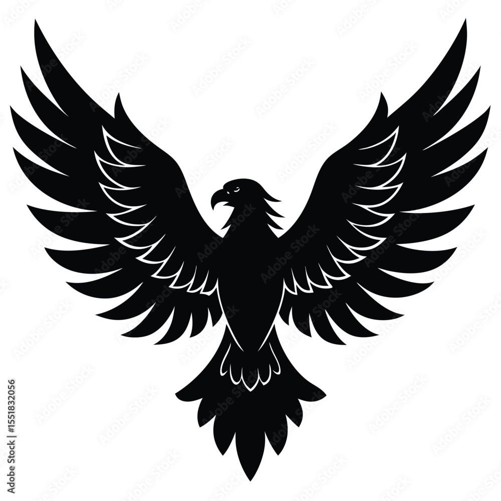 Fototapeta premium A black and white graphic of an eagle with wings spread wide silhouette