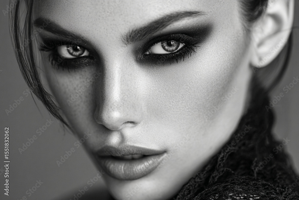 Fototapeta premium Captivating close-up of a model showcasing striking makeup artistry in black and white