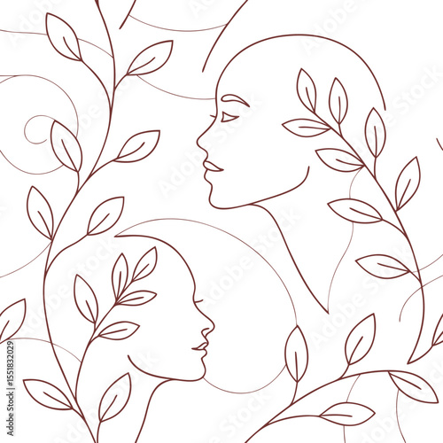 Two women with leaves around them, minimalist line art on a white background