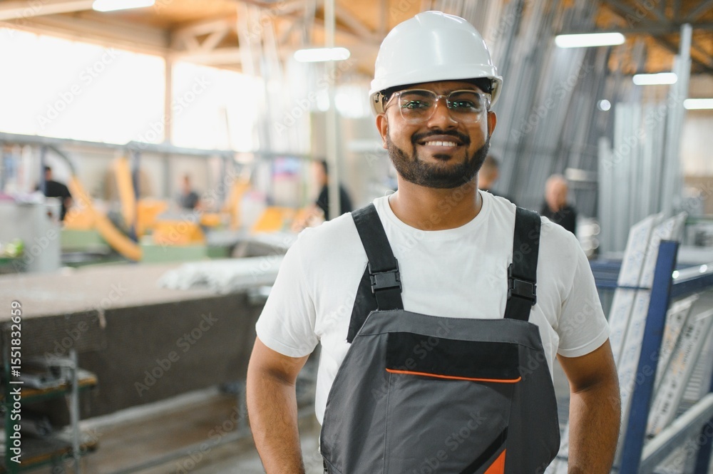 Smiling and happy indian employee. Industrial worker indoors in factory. Young technician with orange hard hat. Smiling and happy indian employee. Industrial worker indoors in factory. Young technician with orange hard hat.