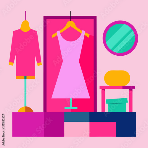 Vibrant clothing display in pink bedroom vector icon on colorful background.