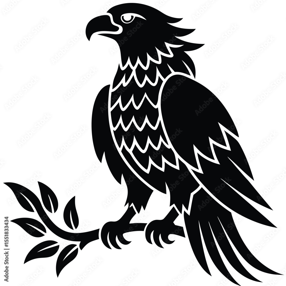 Obraz premium Stylized black eagle perched on a branch with leaves vector art silhouette