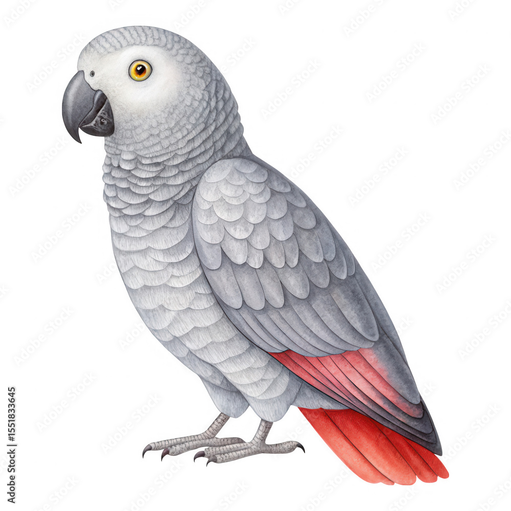 Fototapeta premium Detailed Illustration of a Gray Parrot with Colorful Features on a White Background
