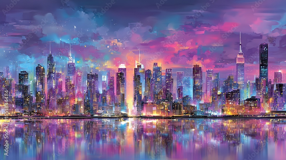 Obraz premium The silhouette of the city skyline at sunset features tall buildings that glow and reflect in the water, creating a colorful urban scene