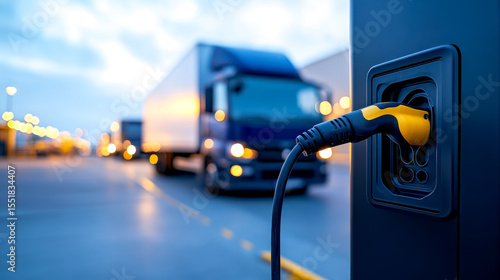 An electric vehicle charging station in focus with a large truck blurred in the background at dusk.