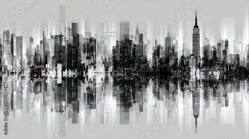 In a classic urban setting, the city skyline features a silhouette of iconic tall buildings that stand out against a bright cloudless sky