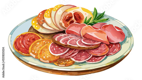 A rustic plate of ham, salami, and sliced cold cuts painted in watercolor captures mouthwatering detail. The white background enhances each element’s color, making the food artfully appetizing and bal