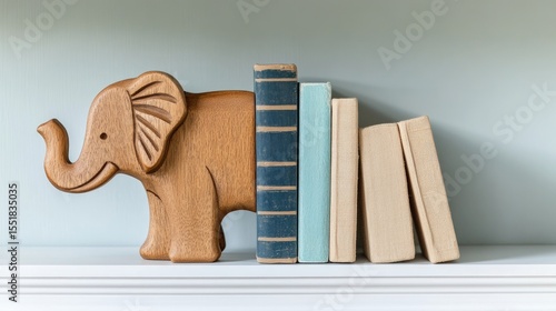 Wooden elephant bookends with colorful books on a shelf.