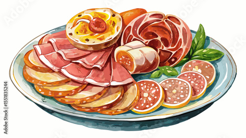 A rustic plate of ham, salami, and sliced cold cuts painted in watercolor captures mouthwatering detail. The white background enhances each element’s color, making the food artfully appetizing and bal