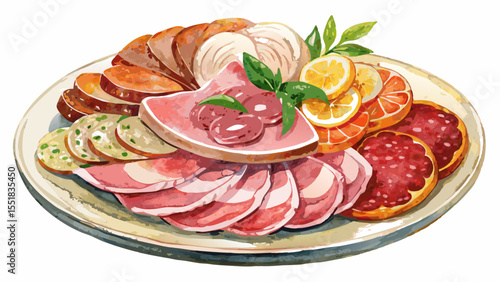 A rustic plate of ham, salami, and sliced cold cuts painted in watercolor captures mouthwatering detail. The white background enhances each element’s color, making the food artfully appetizing and bal