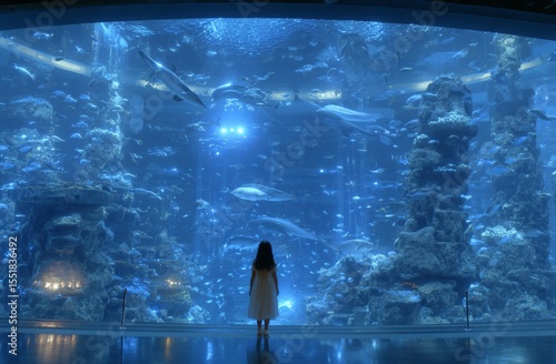 A young woman is captivated by the allure of dolphins, observing them with wonder in an aquarium or park setting