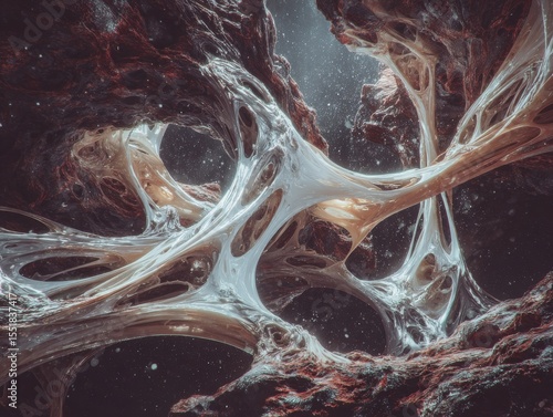 The abstract biophilic biopolymer installation is presented as a detailed art object closeup