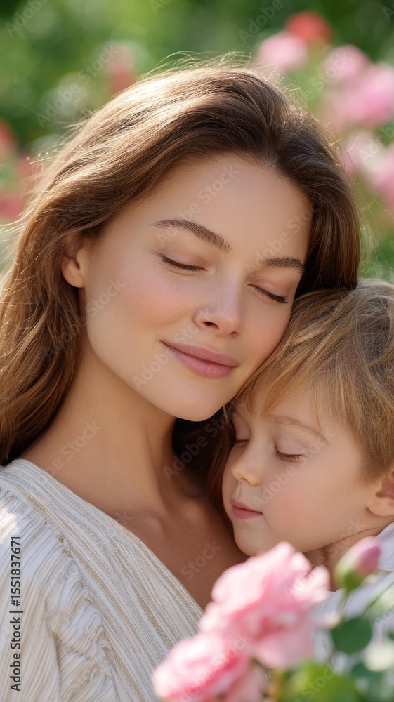 Tender Embrace Between Mother and Child Surrounded by Blooming Roses in a Peaceful Garden Tender Embrace Between Mother and Child Surrounded by Blooming Roses in a Peaceful Garden