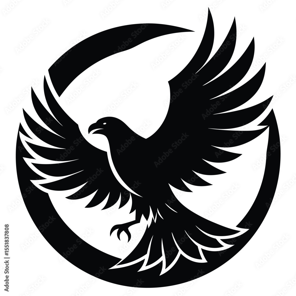 Obraz premium A stylized black eagle with wings spread inside a circle shape silhouette