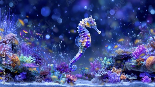 A scene of underwater wonder and biodiversity unfolds in the blue sea as a seahorse glides near a coral reef, making it perfect for features on marine life and the exploration of the ocean