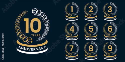 Set of vector icon or logo designs for 1st to 10th anniversary with laurel wreath, in gold color for celebrations, weddings and birthdays