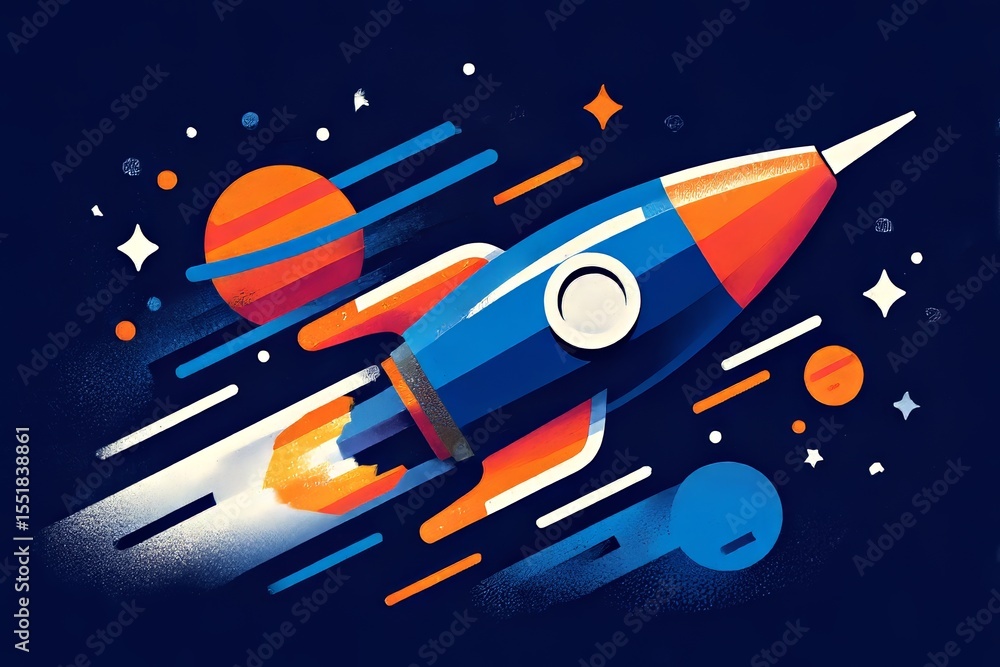 Naklejka premium In the depths of outer space, a cartoon spaceship begins its thrilling journey, exploring the wonders among the planets and stars in the vast starry expanse